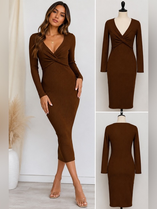 Fashion Nova Dresses & Skirts - Fall Fashion - Brown Ribbed Twist Front Bodycon maxi Fall Dress NWT Size Medium